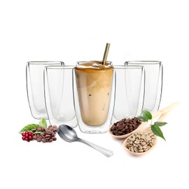 Sendez 6 Double-Walled Cappuccino / Coffee/ Tea Glasses, 200 ml, with 6 Stainless Steel Spoons, Thermoglas