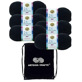 Lion Brand 24/7 Cotton DK Caviar 769-153 (6-Skeins - Same Dye Lot) DK Light Worsted #3 Cotton Yarn for Crocheting and Knitting with Project Bag
