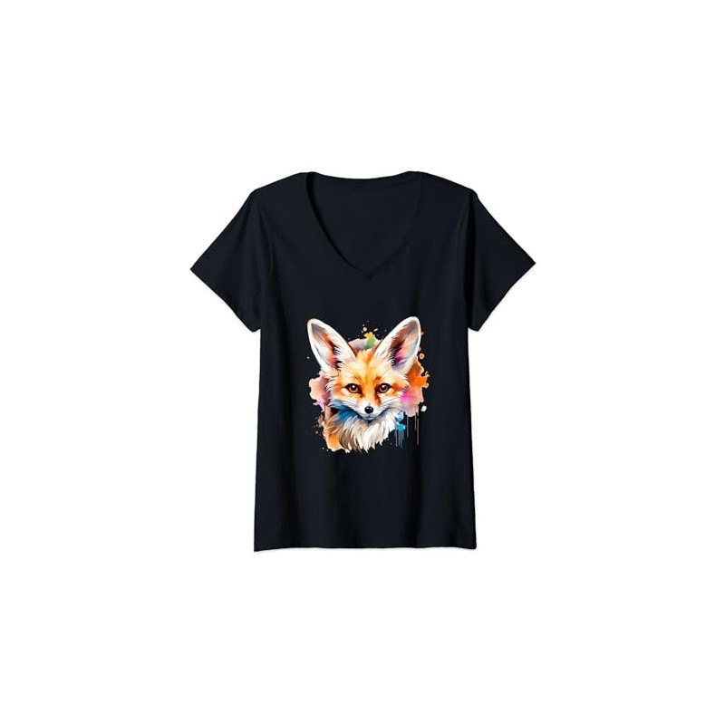 Womens Colorful Splash Art Fennec Fox V-Neck T-Shirt