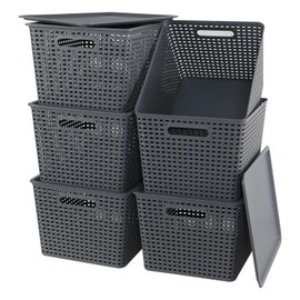Xyskin 6 Packs Storage Bins with Lids, Plastic Storage Containers with Lids, Stackable Storage Box Baskets for Organizing Desktop Closet Playroom Classroom Office, Gray