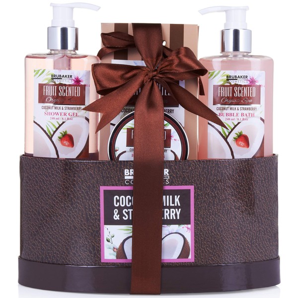 BRUBAKER Cosmetics Home Spa Basket - Coconut Milk & Strawberry Scent - 5 Pcs Bath & Body Set Gift Basket
