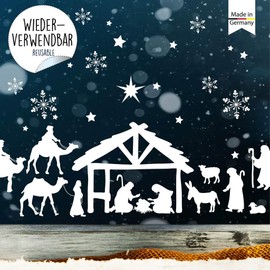 Window Sticker Christmas Nativity Scene Children's Window Decoration White Snowflakes Stars / 1st DIN A4 Sheet
