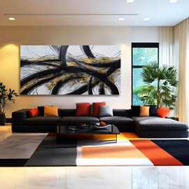 Framed Canvas Print Black and Gold Abstract Wall Art Graffiti Wall Decoration Large Modern Wall Pictures for Bedroom Living Room 29x58 Inch