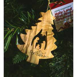 Holy Land Olive Wood Hanging Ornament from Israel, Pine Tree with Christmas Nativity, 3" Wooden Christmas Tree Ornament with Golden String