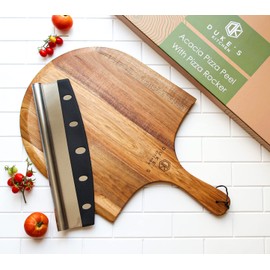 Premium Acacia Pizza Peel (Extra Large) and Rocker Blade Pizza Cutter Set, Pizza Peel 16 inch, Gourmet Wooden Pizza Paddle / Spatula / Board, Size 14" W x16" L, 22" L Overall including handle