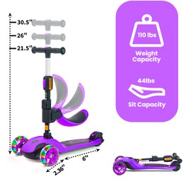 GLAMUP Kids Scooter, 2-in-1 Folding Kick Scooters, Adjustable Height, Safety Lock, 3 Wheel Kick Scooter for Boys and Girls Ages 3-14（1A-Purple）