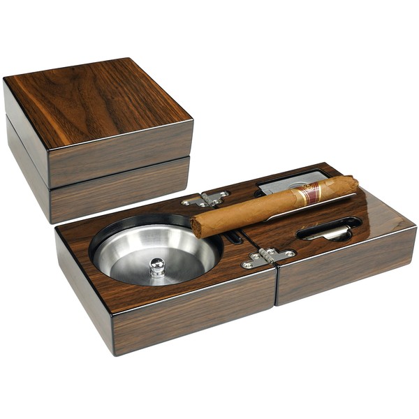 OYHBO Wooden Cigar Ashtray Set with Cutter and Punch High Glossy Folding Compact Collection Gift