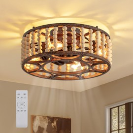 MOOONICHE 20 Inch Wood Beaded Ceiling Fan with Lights, Boho Caged Ceiling Fan 6-Speed Reversible Farmhouse Fandelier with Remote Control for Living Room Bedroom Dining Room
