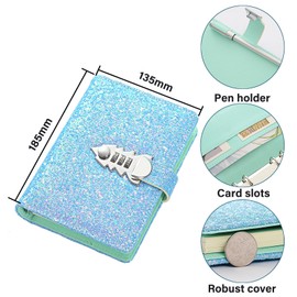 Refillable Notebook with Lock, A6 PU Leather Journal Diary with Pen Loop and Card Slots for Girls, Women, Men [Glitter Blue]