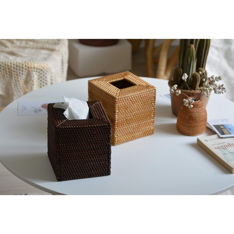 Cosmetic Tissue Boxes Square Rattan Tissue Box Dispenser for Home