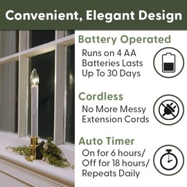 612 Vermont Ultra-Bright LED Window Candles with Timer, Battery Operated, Metal Base, White Candlestick, Adjustable Height (Pack of 4, Polished Brass)