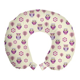 Lunarable Owls Travel Pillow Neck Rest, Owl Cartoon Pattern Feminine Soft Colors Happy Springtime, Memory Foam Traveling Accessory for Airplane and Car, 12", Rose Pale Yellow Purple