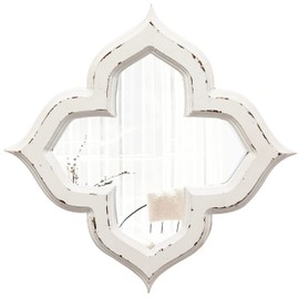 Sintosin Hanging Antique Small Wall Mirrors Decorative 9.6 inch, Distressed White Sculpted Wood Mirror Farmhouse Wall Decor, Shabby Chic Lucky Four-Leaf Clover Mirror Wall Decor for Living Room