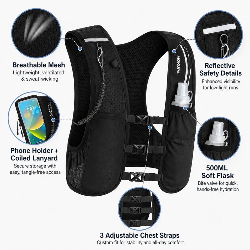 Lightweight Running Hydration Vest with 500ml Soft Flask & Phone