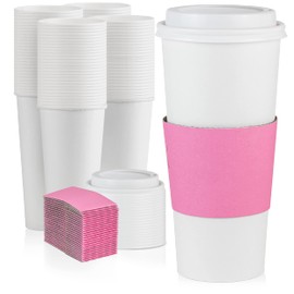 Fit Meal Prep 250 Pack 24 oz Disposable Coffee Cups with Lids and Pink Sleeves, Lead-Proof Sturdy To Go Coffee Cups with Lids, Pink Hot Paper Cups for Party, Wedding, Birthday (White Lids)