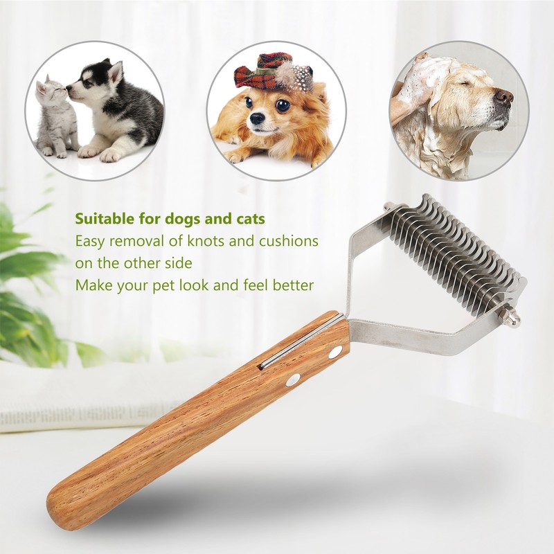 Pet Undercoat Rake Brush Double Sided Knots Removal Massage Wood
