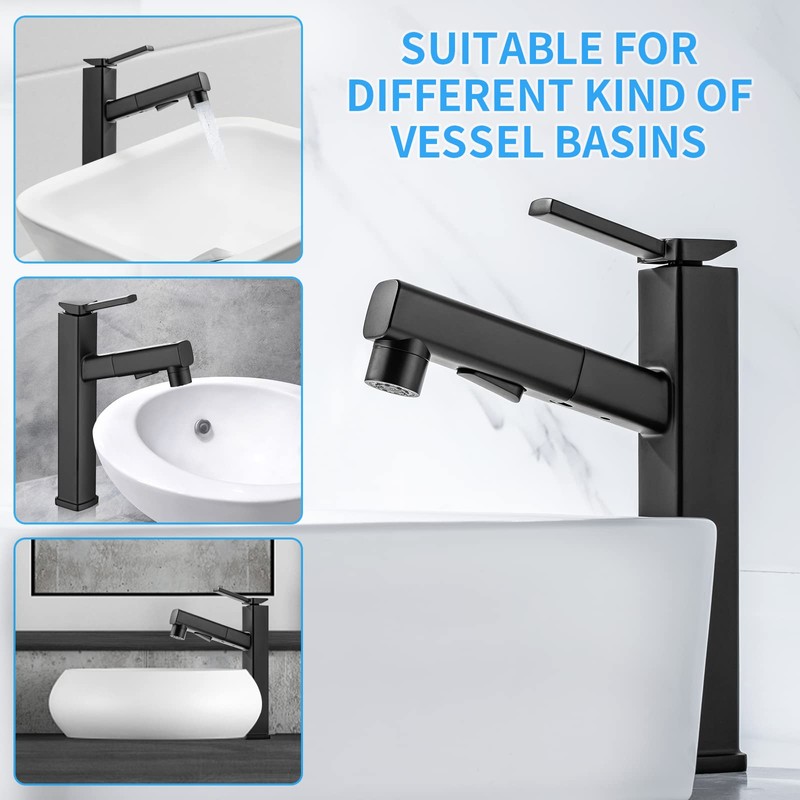 HANLIAN Single Handle Pull Out Bathroom Vessel Sink Faucet with