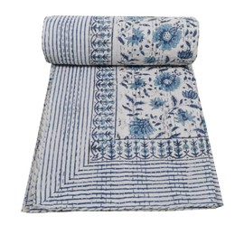MAVISS HOMES Indian Hand Block Print Kantha Quilt Queen Size Quilt Kantha Bedspread White Quilt Cotton Kantha Throw Bedding (Queen 90 X 108 Inch, White)