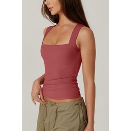 QINSEN Women's Square Neck Sleeveless Double-Layer Tank Tops Basic Tight T Shirts Wine S