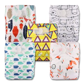 Littles & Bloomz, Reusable Pocket Cloth Nappy, Fastener: Hook-Loop, Set of 5, Patterns 507, with 10 Bamboo Inserts