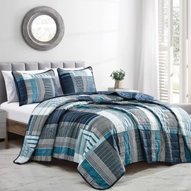 ESCA 3-Piece Bruis Plaid Blue Bedspread Set Queen Size Checker Navy Quilt