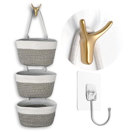 HaoTuJoho 3-Tier Decorative Cotton Rope Hanging Basket, Wall-Mounted Woven Storage Organizer Bag, White + Gray