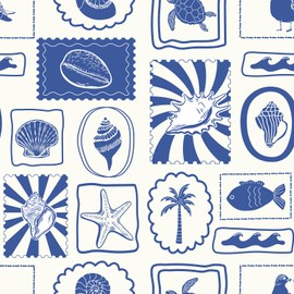 Blue Coastal Peel and Stick Wallpaper – Removable Nautical Tile Style Self Adhesive Wallpaper for Bathroom Beach House Decor, 17.3"x120"