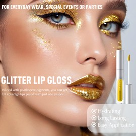 Wugbc Gold Glitter Lip Gloss Metallic Liquid Lipstick, Long Lasting Moisturizing Transfer-Proof Shimmer Lip Gloss for Women | Lightweight Non-Sticky Highly Pigmented Lipcolor for Everyday Wear