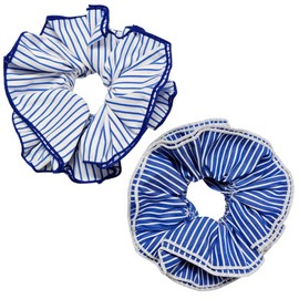 Qigfucm 2 Pack Cottagecore Extra Large Floral Scrunchies - Vintage Heart Floral Print Oversized Hair Scrunchies for Braid Ponytail Holders for Parties, Office, Daily Wear (Blue Stripe)