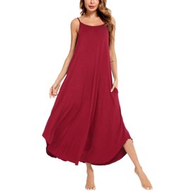 SWOMOG Women Long Nightgown Pajama Dress Soft Strap Nightdress Summer Sleeveless Nightshirt Lounge Dress with Pockets Wine Red X-Large