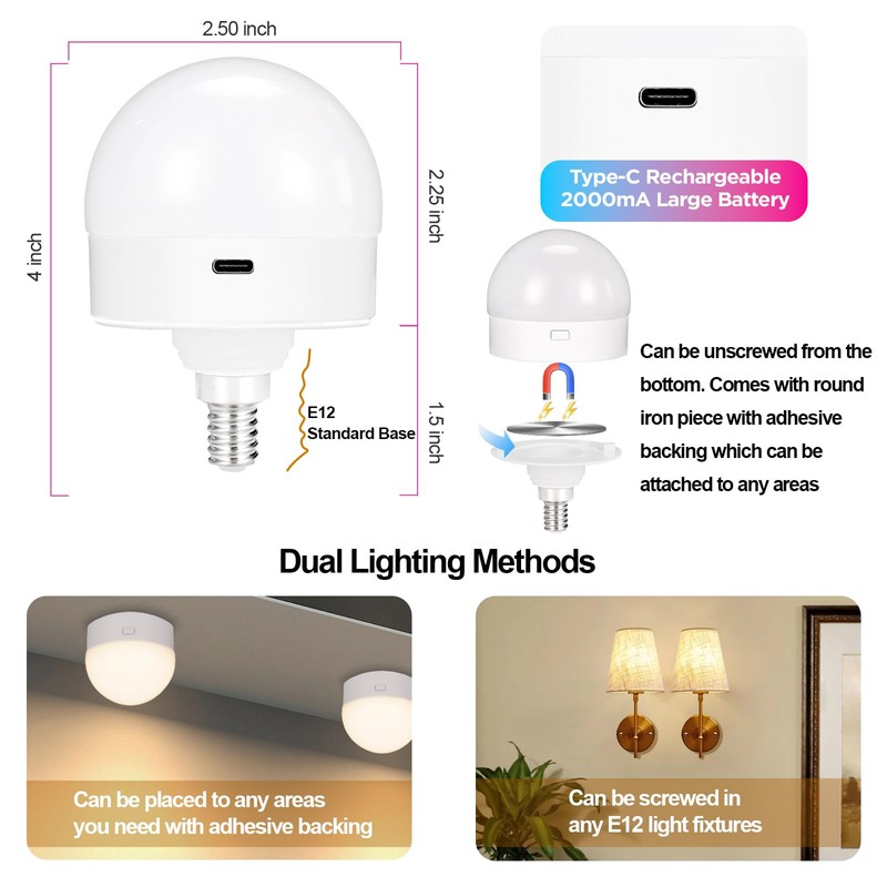 Yochoice 2-Pack E12 Rechargeable Battery Operated Light Bulb with Remote,