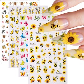 ONPRESS 4Sheet Yellow Bee Butterfly Nail Art Stickers Sunflower Bee Flower Leaves Acrylic Nail Stickers 3D Self-Adhesive Cute Flower Nail Decals Summer Spring Floral Nail Supplies Nail Art Design