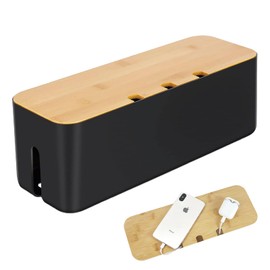 Cable Tidy Box, Cord Organizer Box with Wooden Lid, 36 x 13 x 13 cm (Black)