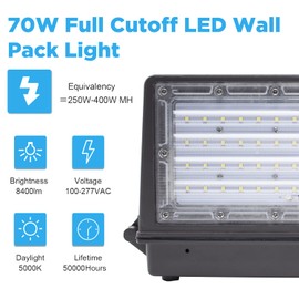 Amptonica LED Full Cutoff Wall Pack, 70W(600W Eqv.) 8,400LM 5000K with Dusk to Dawn Photocell, 100-277Vac, LED Wall Pack for Outdoor Lighting (1 Pack) - ETL Listed
