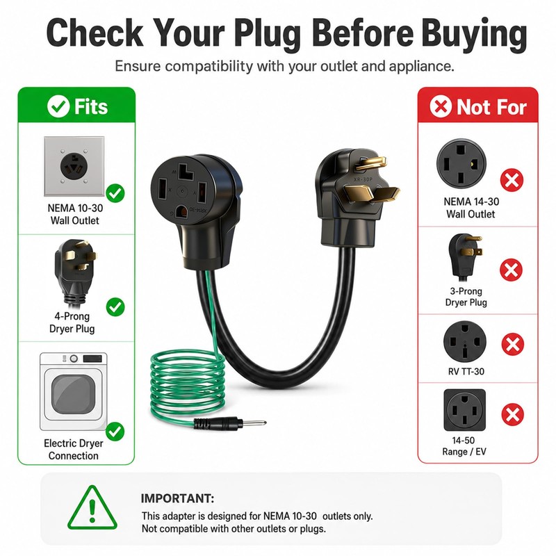 4 Prong to 3 Prong Dryer Plug Adapter, NEMA 10-30P