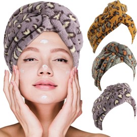 Geyoga 3 Pieces Leopard Microfiber Hair Towel Wrap Fast Drying Hair Cap Anti-Frizz Curly Hair Towel Hair Turban Microfiber Bath Towel Hat for Drying Wet Hair, 3 Colors