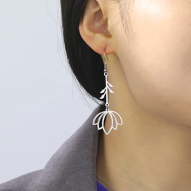 TEAMER Stainless Steel Lotus Flower Dangle Earrings Bohemian Drop Earring Unique Geometric Jewelry for Women (Lotus 1-Steel Color)