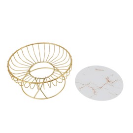 Round Fruit Basket Large Capacity Hollow Metal Fruit Bowl Stand for Dessert Snacks Bread L White Background with Gold Stripes