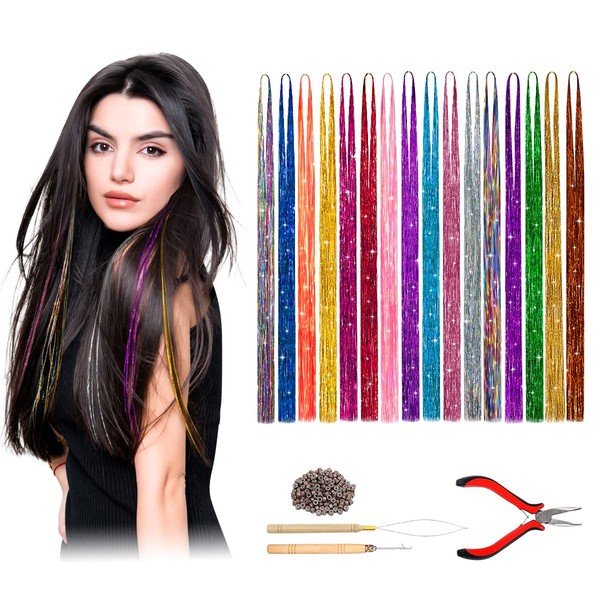 Dreamlover Hair Tinsel, Colourful Hair Strands for Children, Hair Accessories, Strands Set, 16 Colours, 3200 Glitter Hair Strands