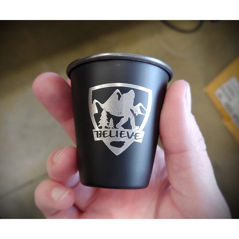 SQUATCH METALWORKS BELIEVE Bigfoot Shield Shot Glass - Stainless Steel