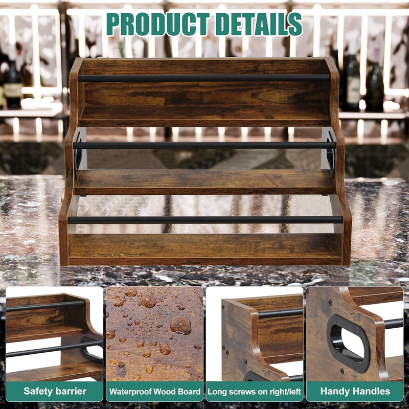 AT-VALY 3-Tier Liquor Bottle Display Shelf, Iron&MDF Countertop Wine Rack,