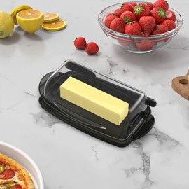 Butter Dishes with Lid for Countertop Refrigerator, Plastic Butter Dish Clear Flip Top Lid Butter Container with Spreader, Non-Slip Bottom Butter Holder Keeper (Transparent Cover Black)