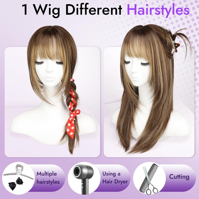 Eawwii Wig with Bangs for Women Brown Blonde Highlight Straight
