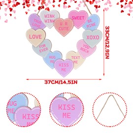 Valentines Day Conversation Heart Door Sign Hanger Valentine's Day Wooden Wreath Happy Valentines Day Decor for Front Door 12 Hearts Pattern Wood Wall Hanging Heart Sign with Ribbon Home Decorations