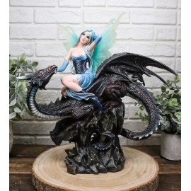 Large Ice Elemental Fairy With Night Fury Dragon Statue 14"L Fantasy Witch Fairy