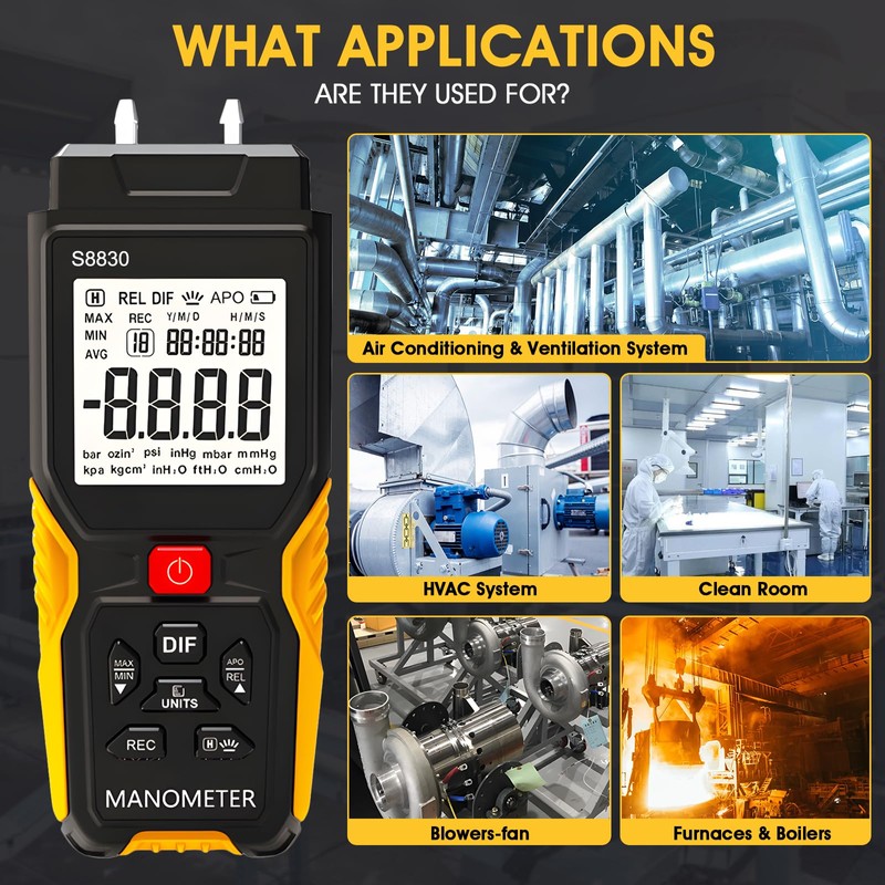 Manometer HVAC, ±36.80kPa Digital Manometer, Handheld Gas Pressure Tester, Dual-Port