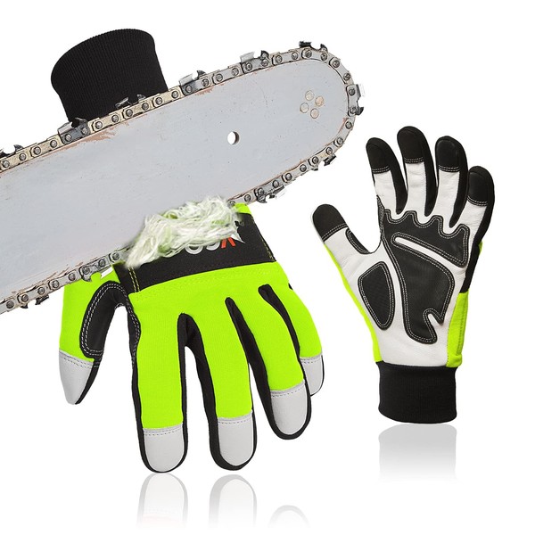 [Vgo...] Chainsaw Gloves, Vibration Resistant Gloves, Mechanic Gloves, Work Gloves, Work Gloves, Sheep Leather, Palm Pads, Vibration Reduction, Blade-Proof, Anti-Slip, 12 Layers Chainsaw Stopping Cloth on the Back of the Left Hand, EN381-7 Standards, Lev