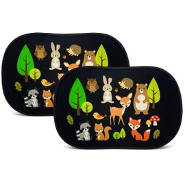 HECKBO 2x car sun visor with 8 suction cups - Forest animals - 48x31cm - car window side sunshade car sun visor side for baby kids girls boys incl. Bag