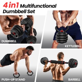 Adjustable dumbbell set, 55lbs Free Weights set with upgraded nut, 4 in 1 Weight Set Used as Kettlebells, Barbell, Push up Stand, Fitness Exercise for Home Gym Suitable Men/Women