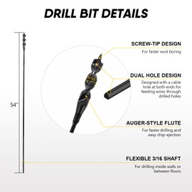 HANSHAN 54× 3/16 ×9/16 Head Flexible Installer Drill Bit Fish Bit for Pulling Wire Through Tight Spaces with Minimal Damage -1 Pack